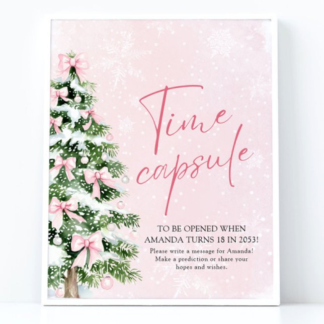 Pink Bows Weihnachtsbaum Zeit Kapselspiel-Zeichen Poster (Pink Bows Christmas Tree Time Capsule Game Sign)