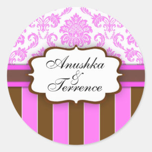 Pink-braune Damask Stripe Hochzeitsticker Runder Aufkleber