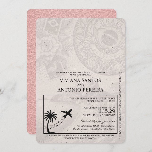 Pink Brazil Passport Wedding Einladung (Vorne/Hinten)