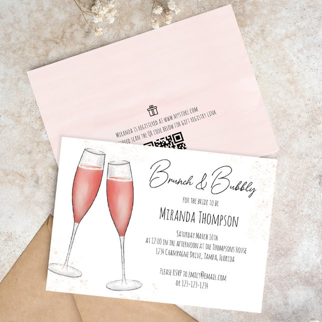 Pink Bridal Brunch Dusche QR Code Geschenk Registr Einladung (Brunch and bubbly bridal shower invitation )