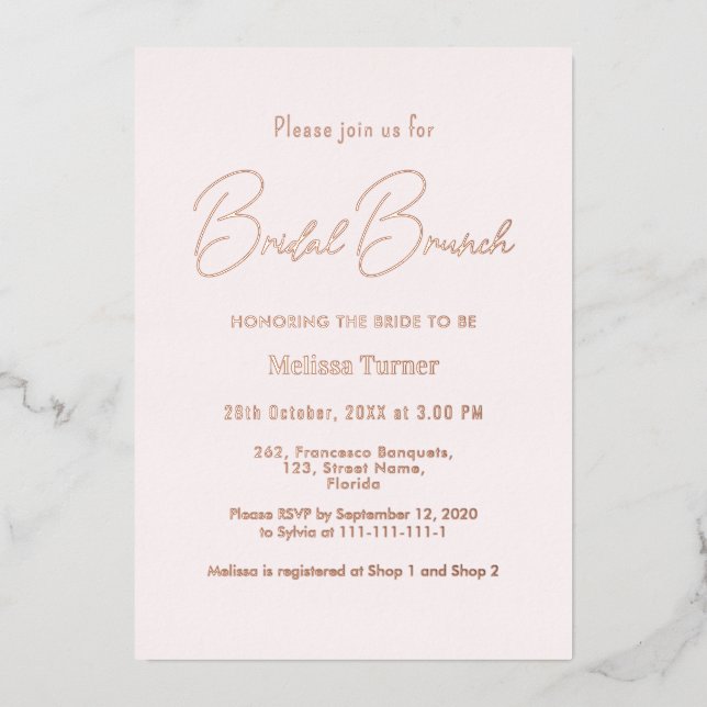Pink Bridal Brunch-Kalligrafie Folieneinladung (Vorderseite)