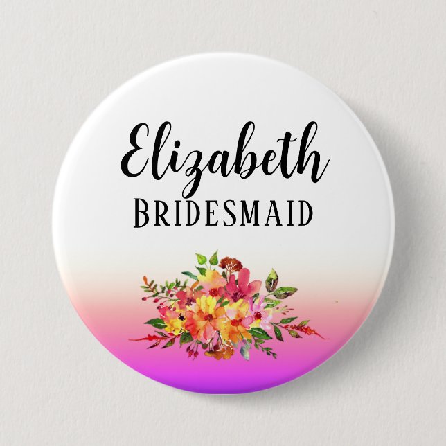 Pink Bridesmaid | Modernes, florales Personalisier Button (Vorderseite)