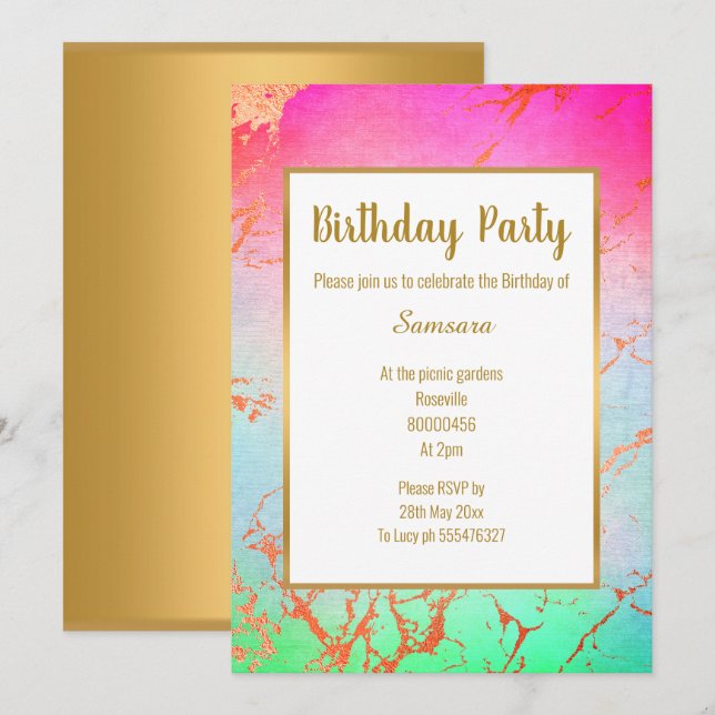 PINK BRIGHT MARBLE GOLD JEDEN ANLASS GEBURTSTAG EINLADUNG (Vorne/Hinten)