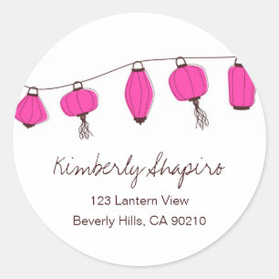 Pink Brown Asian Lantern Address Labels Runder Aufkleber