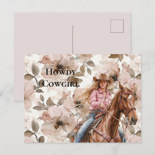 Pink Brown Blond Cowgirl Southwestern Floral Howdy Postkarte