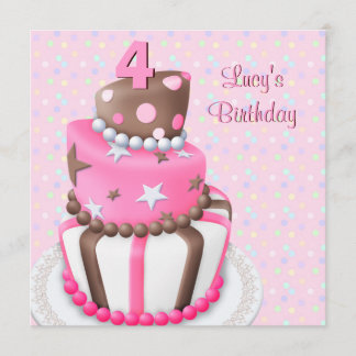 Pink Brown Cake Girls 4. Geburtstag Party Einladung