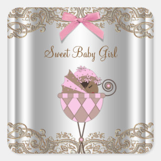 Pink Brown Carriage Baby Shooting Label Quadratischer Aufkleber
