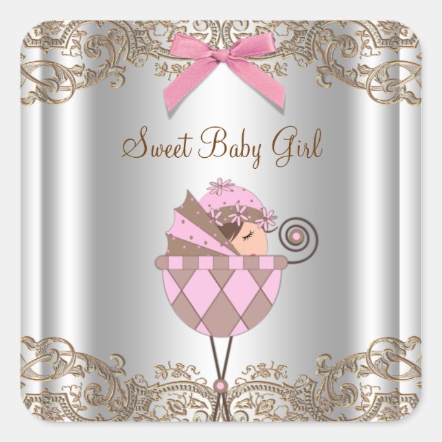 Pink Brown Carriage Baby Shooting Label Quadratischer Aufkleber (Vorderseite)