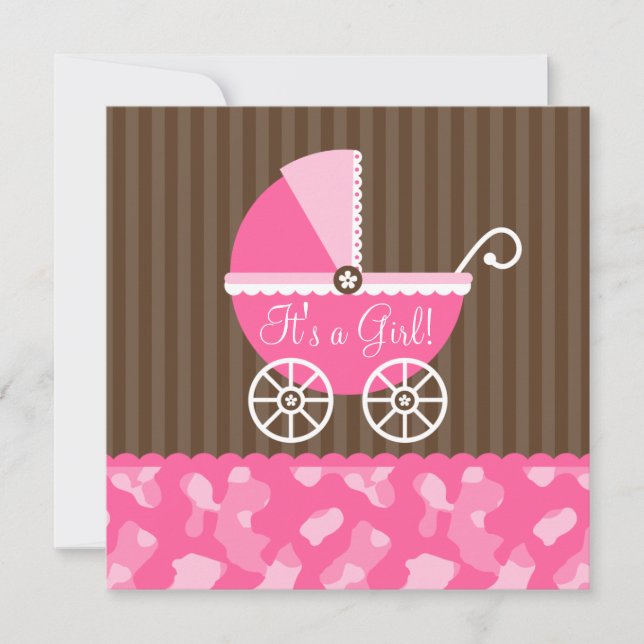 Pink Brown Carriage Camouflage Girl Babydusche Einladung (Vorderseite)