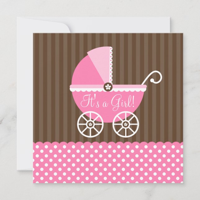 Pink Brown Carriage Dots Girl Babydusche Einladung (Vorderseite)