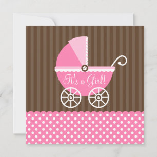 Pink Brown Carriage Dots Girl Babydusche Einladung
