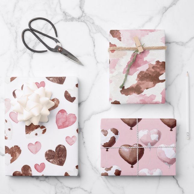 Pink Brown Cocoa Cow Print Hearts Birthday Geschenkpapier Set (Vorderseite)