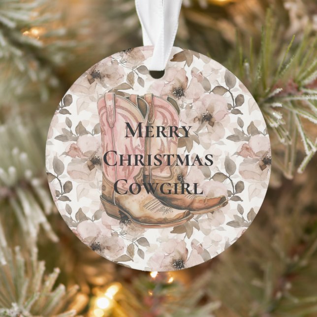 Pink Brown Cowgirl Boots Floral Christmas Ornament (Baum)