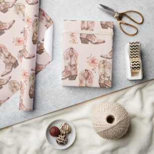 Pink Brown Cowgirl Southwestern Boots Floral Geschenkpapier