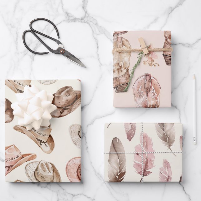 Pink Brown Cowgirl Southwestern Hat Boots Birthday Geschenkpapier Set (Vorderseite)