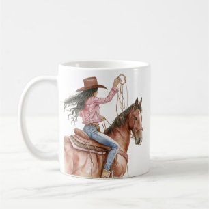 Pink Brown Cowgirl Südwest Pferd Schwarzes Haar Kaffeetasse