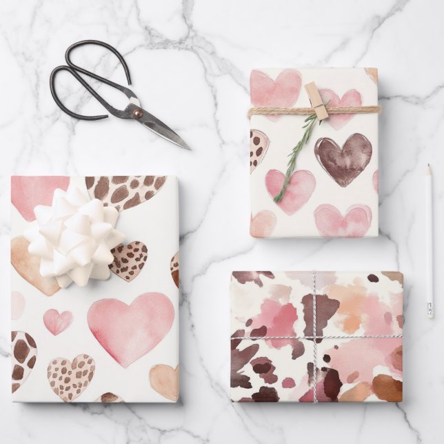 Pink Brown Cream Leopard Tierherzen Geburtstag Geschenkpapier Set (Vorderseite)
