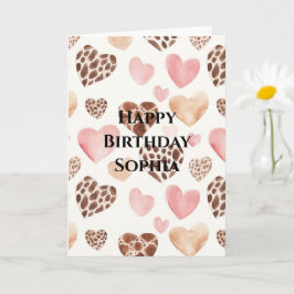 Pink Brown Cream Leopard Tierherzen Geburtstag Karte