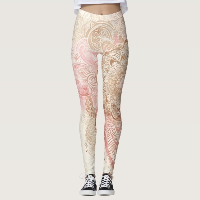 Pink Brown Cream Mandala Bohemisch Boho Mode Leggings (Vorderseite)