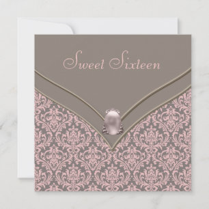 Pink Brown Damask Sweet 16 Party Einladung