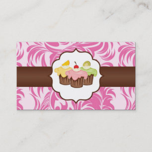 Pink & Brown Floral Cup Cake Bakery Business Card Visitenkarte