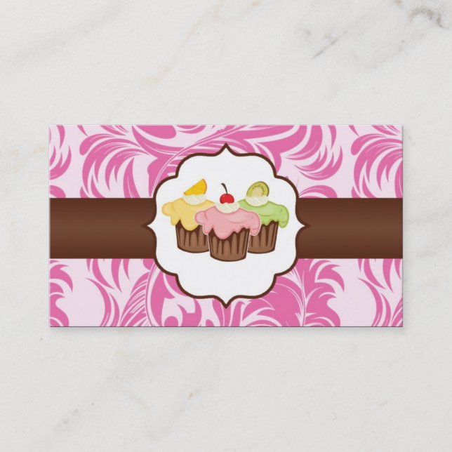 Pink & Brown Floral Cup Cake Bakery Business Card Visitenkarte (Vorderseite)