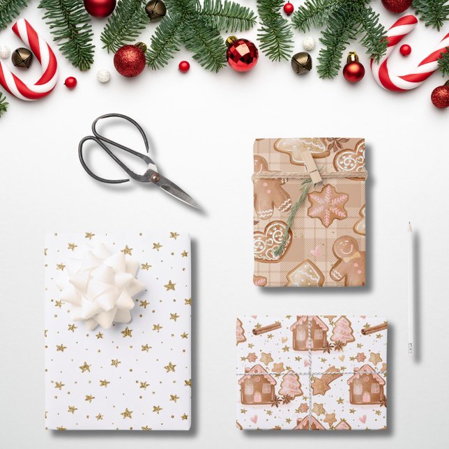 Pink Brown Gingerbrett Men House Stars Cinnamon Geschenkpapier Set (Von Creator hochgeladen)