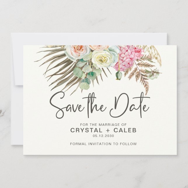 Pink Brown Green Boho Pampas Grass Rose Wedding S Save The Date (Vorderseite)
