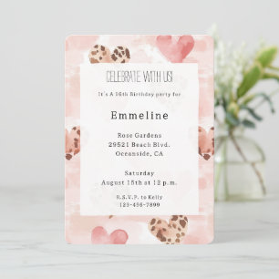 Pink Brown Hearts Leopard Tierdrucken Geburtstag Einladung