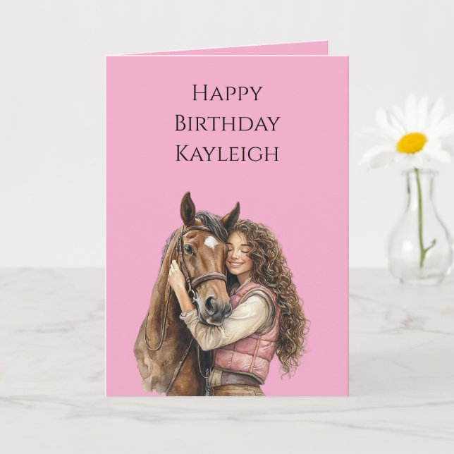 Pink Brown Horse Brown Haare Girl Birthday Karte (Kleine Pflanze)