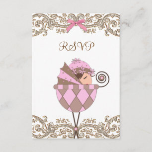 Pink Brown Lace Girl Babydusche UAWG RSVP Karte