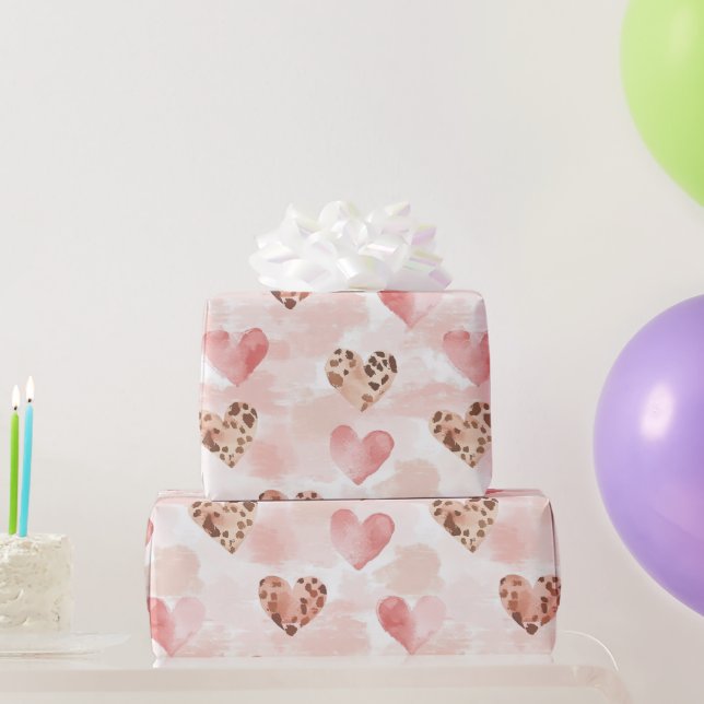 Pink Brown Leopard Print Hearts Geburtstag Geschenkpapier (Partygeschenke)