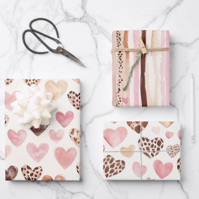 Pink Brown Leopard Print Hearts Geburtstag Geschenkpapier Set (Vorderseite)