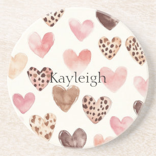 Pink Brown Leopard Print Hearts Geburtstag Getränkeuntersetzer