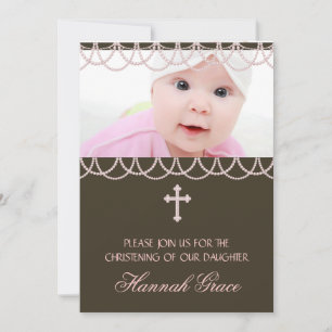 Pink Brown Pearl Cross Baby Girl Foto Christening Einladung
