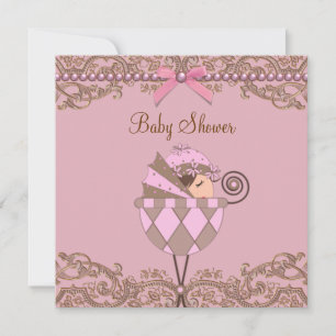 Pink Brown Pearls Lace Girl Babydusche Einladung