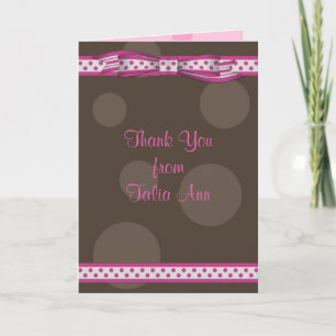 Pink Brown Polka Dot Ribbon Bat Mitzvah Thank You Dankeskarte