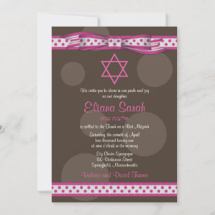 Pink Brown Polka Dots Bow Bat Mitzvah Einladung