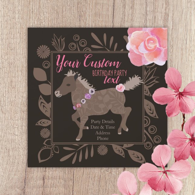 Pink & Brown Pony Thema Geburtstag Einladung (brown pink galloping pony ponies birthday party invitation girls pony themed pony ride floral roses)
