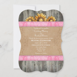 Pink Brown Rustic Sunflower Wedite Einladung