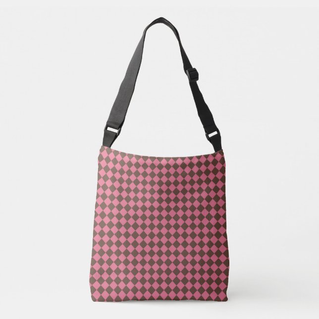Pink Brown Schachbrett Diamond Pattern Tragetaschen Mit Langen Trägern (Vorderseite)