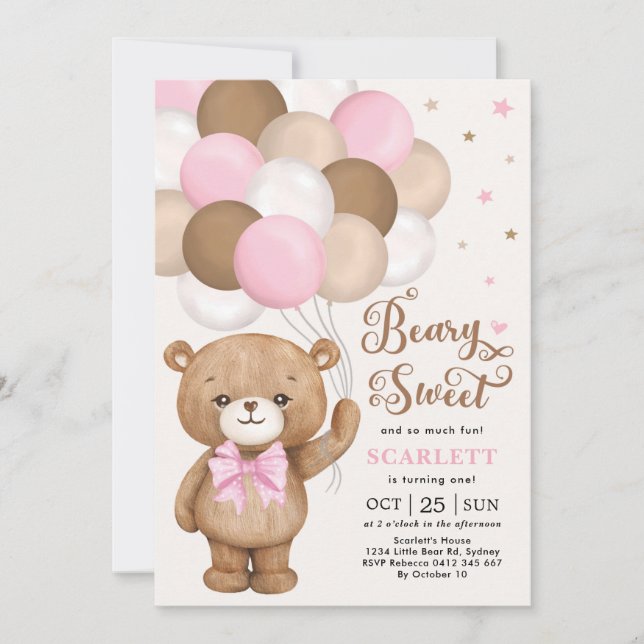 Pink Brown Teddy Bear mit Balloons Girl Birthday Einladung (Vorderseite)