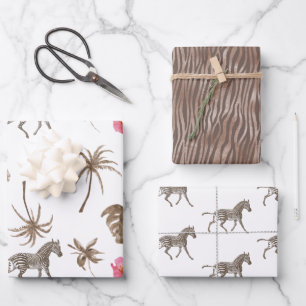 Pink Brown Tropical Zebra Blumenpalmen Bäume Geschenkpapier Set