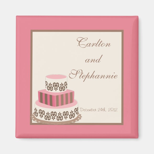 Pink/Brown Wedding Cake Magnet Gefallen (Vorne)