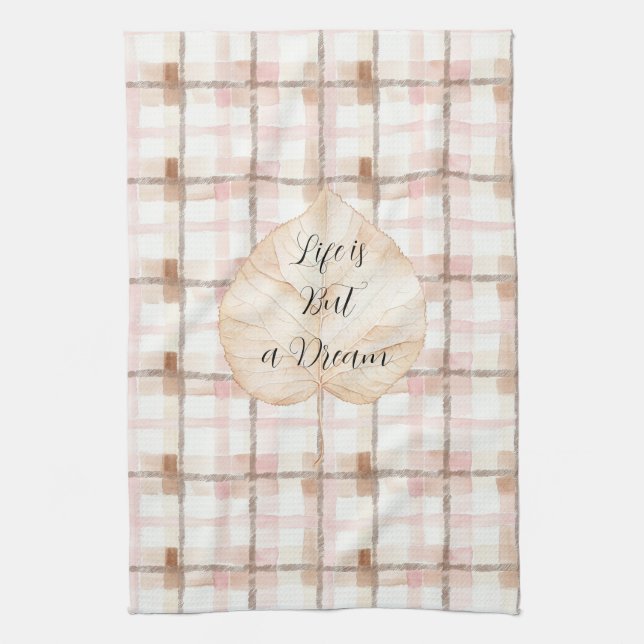 Pink Brown White Plaid Stripes Leaf Geschirrtuch (Vertikal)