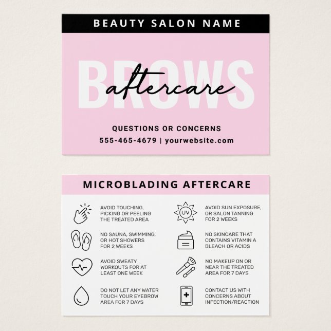 Pink Brows Aftercare PMU Brow Instructions Card (Vorne & Hinten)