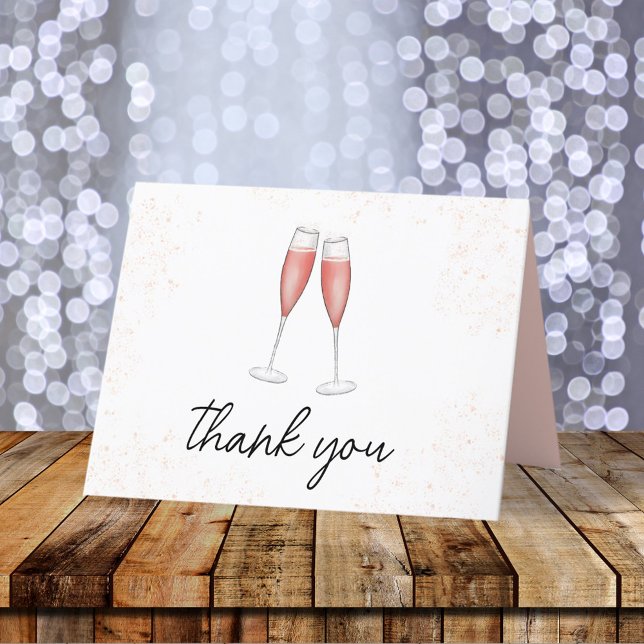 Pink Brunch und Bubbly Champagner Flöten Dankeskarte (Pink champagne flutes thank you card. With calligraphy script. )
