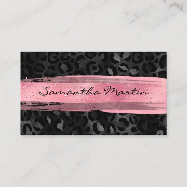 Pink Brush Stroke Black Foil Leopard Visitenkarte (Vorderseite)