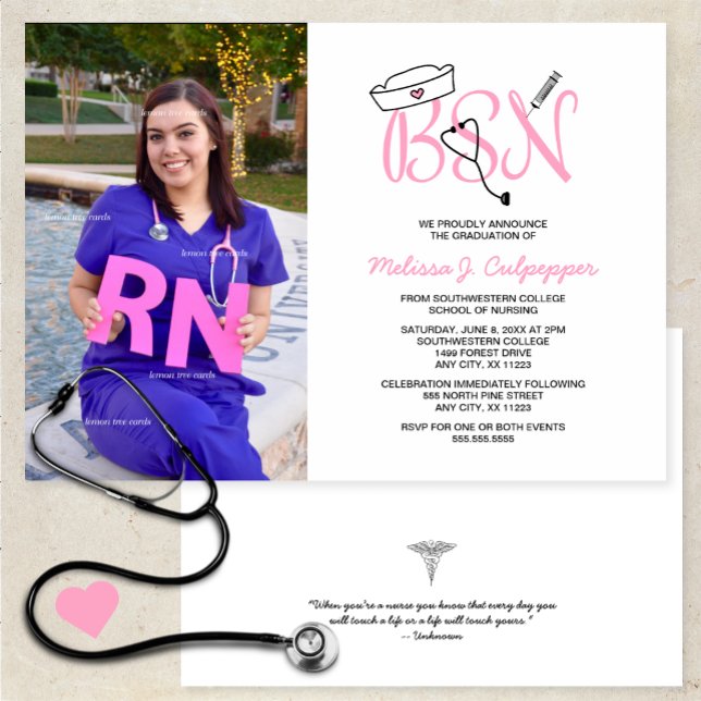 Pink BSN Nurse Foto Abschluss Pinning Party Einladung (Von Creator hochgeladen)