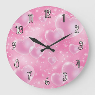 Pink Bubble Hearts Niedlich Girly 90er Jahre Style Große Wanduhr